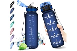 KollyKolla Botella Agua Deporte 1L, Botella de Agua con Pajita, Sin BPA & Prueba de Fugas, con Marcador de Tiempo de Motivación, Cantimplora para Niños, Adulto, Gimnasio, Bicicleta, Escuela, Oficina