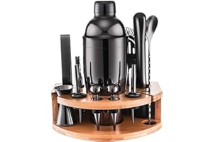 JEEBUU Cocktail Set mit Ständer, Professionelles Edelstahl 12-teiliges Cocktail Shaker Set, Bar Set zum Mixen von Getränken, Geschenke für Frauen Männer Home Essentials Cocktail Liebhaber (Schwarz)