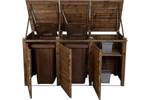 ARBOR GARDEN SOLUTIONS Wheelie bin storage pressure treated garden recycling store lid shed outdoor trash cover (Triple, With recycling shelf, Brown)
