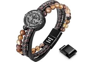 murtoo Men's Premium Leather Bracelet in Black and Brown, Compass Bracelet, Stainless Steel Magnetic Clasp, Great Gift Idea for Men