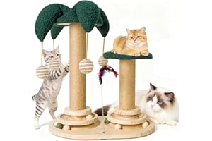 6-in-1 Katzenspielzeug Selbstbeschäftigung Holz, Kratzspielzeug für Katzen, Spielzeug mit Katzenminze, Katzenmöbel mit Rotierende Kugelbahn, Federn, Bälle, Juteseile & Sisalseil, für kleine Katzen