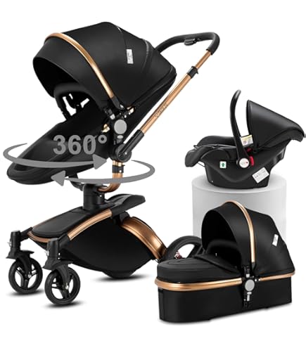 Trio-kinderwagen in PU-leer, 3-in-1 kinderwagen met twee omkeerbare