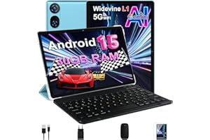DMOAO Tablet 10 Pulgadas Android 15 con Gemini AI, 30 GB RAM + 2 TB ROM Expansión, 5G WiFi, GPS, Widevine L1, Octa-Core, BT 5.0, 6000mAh, USB-C, FHD Tablet con Teclado+ Ratón + Funda, Azul