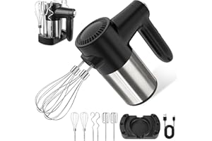 JOZZVE Batteur à Main Sans Fil, Batteur Électrique Polyvalent avec 7 Vitesses, Affichage Digital, 6 Accessoires en Acier Inoxydable 2 Batteurs, 2 Fouets, 2 Crochets à Pâte et Base de Stockage