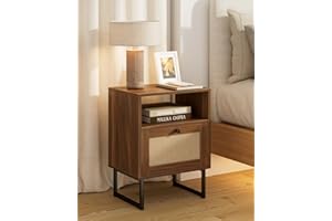 HEYZOEY Rattan Nachttisch,Moderner Boho Bauernhof Holz Nachttisch mit Schublade und offenem Regal,Kleiner Goldrahmen Beistelltisch für Schlafzimmer,Wohnzimmer,Büro(Braun)