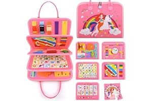 Devolamn Busy Board Montessori pour Enfants, 5 Couches Planche Montessori, Tableau d'Activités, Apprendre Compétences de Vie Jouet éducatifs Cadeau pour Enfants Bébé 1-4 Ans (Licorne Rose)