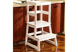WIIFO Kitchen Step Stool for Kids with Safety Rail,Toddler Standing Tower for Kitchen Counter, Baby Montessori Stool,Solid Wood Construction,White