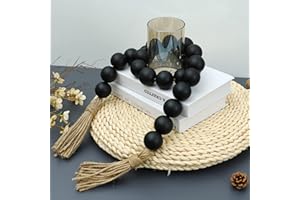 ELIFEL Large Black Wooden Beads Garland Farmhouse Decor 50inch long with 1.6" Diameter beads, Wood Beads Decor Tassel Garland Decorative Boho Country Decoration for Coffee Table Home Tiered Tray Wall Hanging