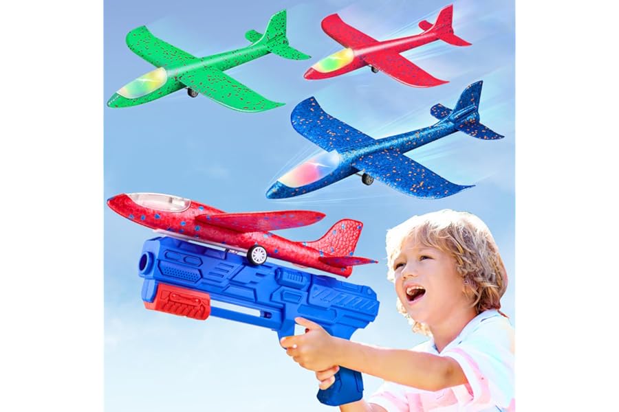 Neoot Toy Airplane, 3 Pack Airplane Launcher Toy 2 Flight Mode Glider LED Foam Glider Plane Outdoor Toys for Kids Ages 4 5 6 7 8 9 10 11 12 Year Old Boys Birthday Gift, Educational Flying Kids Toys