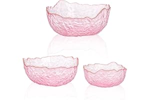 ZEAYEA Set of 3 Glass Salad Bowls, Pink Serving Bowls for Kitchen Prep, Decorative Large Candy Bowl, Irregular Shape Space Saving Nesting Set for Salad, Fruit, Snack, Dessert