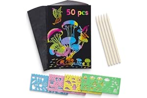 KIDPOLIS Kratzbilder für Kinder, 50 Stück Regenbogen Kratzpapier, 13x19 cm Kratzbilder Set zum Zeichnen und Basteln mit 4 Malschablonen, 5 Holzstifte, Geschenk für 3 4 5 6 7 8 9 Jahre Jungen und Mädchen (50A5)