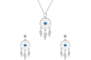 Ever Faith Juego de collar y pendientes de plata de ley 925 turquesa con colgante de atrapasueños bohemio para mujeres y niñas, Plata esterlina Turquesa