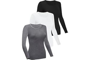 FEQO Lot de 3 Chemises à Manches Longues pour Femme T-Shirt à Manches Longues Col Rond Basique Slim Fit Tops