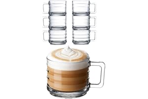 GOSOYO Juego de 6 Tazas de Vidrio Apilables para Café, Capuchino y Te - Vasos Totalmente Templados Con Asas para Bebidas Calientes (250 cc/8,5 oz)