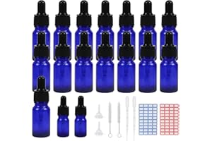 Episkey 15 Stück 10ml Pipettenflasche, Tropfflasche Blaue Glasflaschen Set inkl. 5ml mit schwarzer Pipettenkappe und Hilfszubehör für Ätherische Öle Parfüm DIY-Probenmischungen (Blau, 10ml)