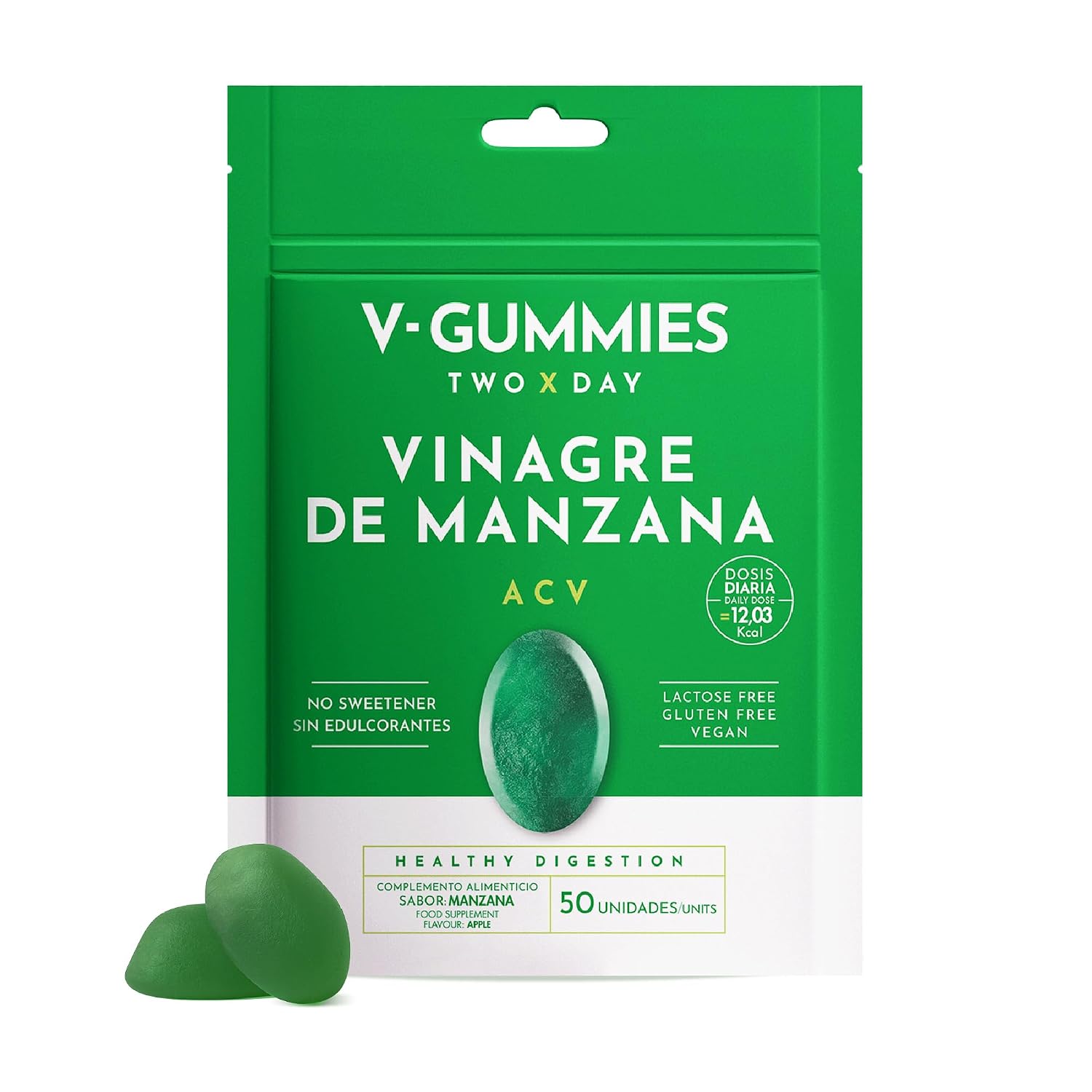 V Gummies - Gominolas de Vinagre de Manzana para Salud Digestiva - Apple Cider Vinegar Gummies - Sabor Natural a Manzana con Vitamina C y Pectina - 50 Unidades