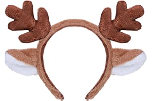 JIEYAO Christmas Reindeer Antlers Headband, Cute Xmas Deer Ear Head Accessories,Cosplay Reindeer Costume Animal Ears Headband Fluffy Realistic Deer Antlers Headband for Christmas Party Favors (Brown)