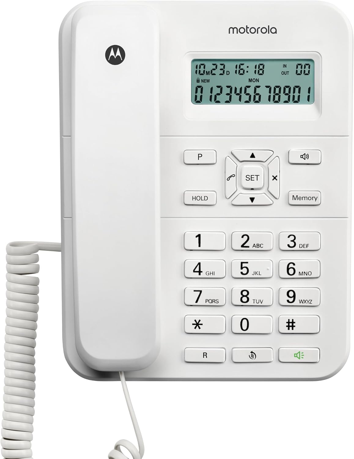 Motorola Voice - CT202 Teléfono con Cable, 10 Teclas de Memoria, Altavoz Manos Libres, Música de Espera, Identificación de Llamadas, Rellamada al Último Número - Color Blanco