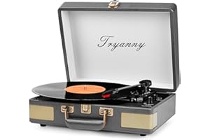 Trynnay Giradischi a 3 marce, lettore portatile in vinile con altoparlanti integrati, giradischi, audio migliorato, pelle PU, Retro Grey