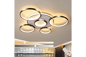 WAYLUOUNG Oświetlenie Sufitowe LED | Nowoczesna 6-Pierścieniowa Lampa Sufitowa Do Salonu | Czarna Okrągły Okrąg 86W/Ø85cm | 2700K-6500K Możliwość Przyciemniania Za Pomocą Pilota | Lampa Sufitowa Do Restauracji