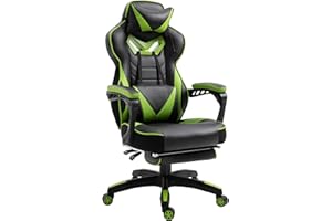 Vinsetto Silla Gaming Ergonómica Silla de Escritorio de Oficina Regulable en Altura Reclinable Respaldo con Reposapiés Reposacabezas Cojín Lumbar Ruedas 65x70x118,5-128,5 cm Verde