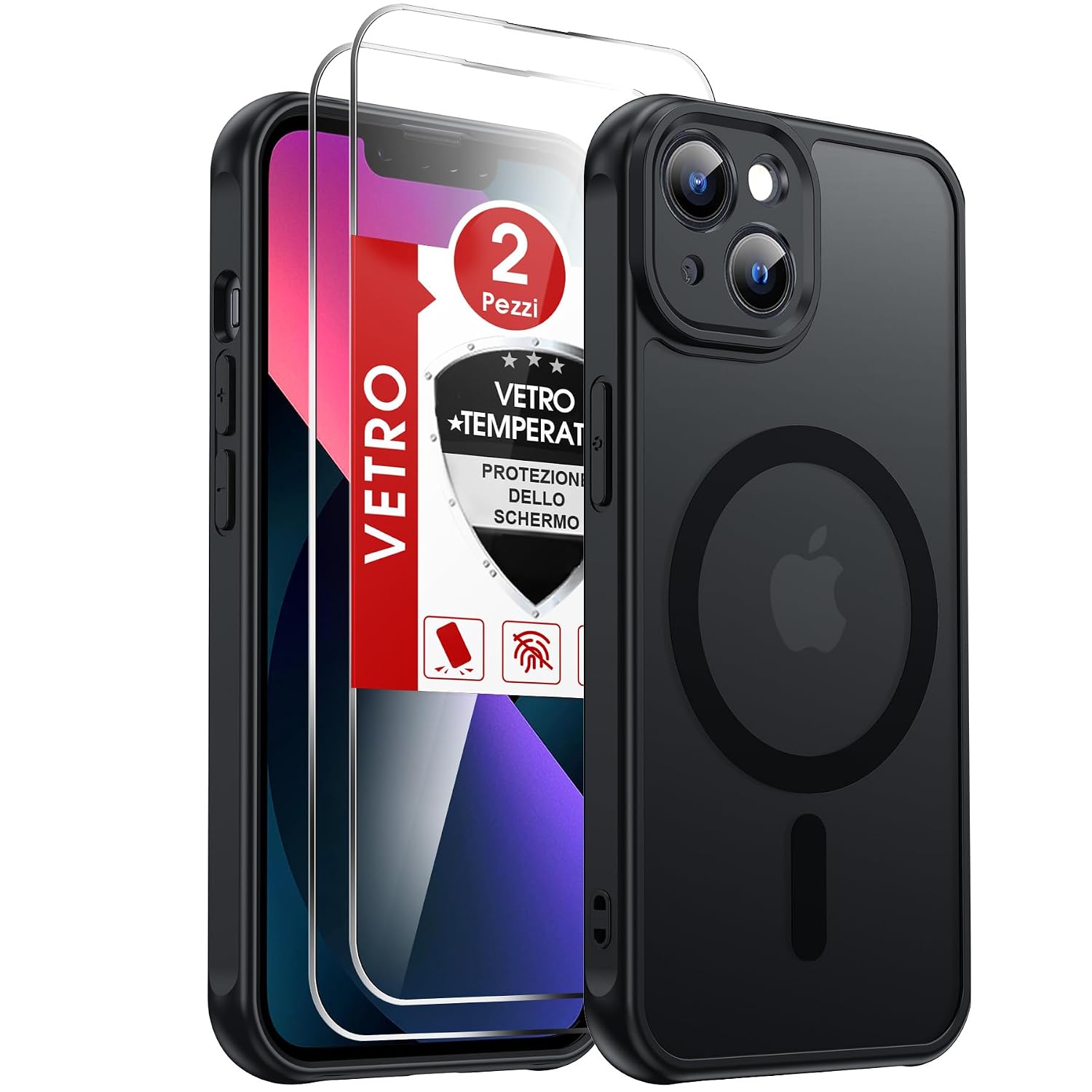 LeYi Cover Magnetica per iPhone 13 con 2 Pezzi Vetro Temperato(Nero) | Custodia per iPhone 13 Traslucida Opaca Anti-Impronte Resistente ai Graffi Paraurti in TPU Antiurto Protettiva Case