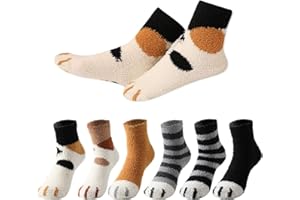 MOCOCITO 6 Paar Socken Damen aus Baumwolle/Coral-Fleece Katzensocken，Pfotensocken Karikatur Tier Socken Damen Witzige Weihnachtssocken Sneakersocken Größe 35-42