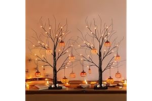 DELICHTER 2er Set Halloween Deko Innen mit 24 Orangen LEDs und Timer Batteriebetrieren Lichterbaum mit Kürbis Anhänger Beleuchtete Herbstdeko Baum 60 CM