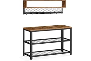 VASAGLE Wieszak na ubrania i ławka na buty, przedpokój z 2 półkami, wielofunkcyjny, zaokrąglone haczyki na ubrania, styl industrialny, do przedpokoju, przedpokój, rustykalny brązowy LCR073K01