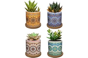 Lewondr 4PCS Flower Pot de Fleur, 2.8 pouce Mini Céramique Succulent Pots Horticoles Jardinière avec Plateau en Bambou pour Petites Plantes Fleurs Cactus, Maison Domicile Décorations Décor - Coloré