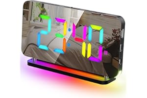 GlasFlength Sveglia Digitale da Comodino, LED Orologio Sveglia Digitale da Comodino con 11 Luminoso Notte RGB 7" Orologio a Specchio Snooze Sveglia Luminosità Regolabile Volume 2 Porte USB, 12/24H