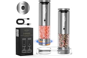 SANGCON-EP Sangcon 2 Velocità Ricaricabile Set Macina Sale e Pepe Elettrico, 6 Livelli di Grana Regolabili Esternamente, Macina Sale e Pepe Automatici, Funzionamento con Una Sola Mano (Argento)