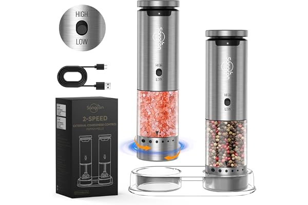 Sangcon Ensemble De Moulin à Poivre éLectriques, 2-Vitesses Rechargeable, 6 Niveaux de Mouture RéGlables de L'ExtéRieur, Ensemble de Moulin à Poivre Et Sel Automatiques Avec Base de Rangement