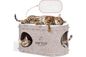 Pawtasy Katzenhöhle Filz Katzenbett Höhle Katzenhaus für Indoor Katzen Höhle mit 2 Weiche und abnehmbar Kissen Winterfest, Schutz der Katzennägel, 58T x 33B x 30H cm, Beige