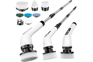 FYDEE Spazzola Rotante Pulizia Casa, Spazzola Elettrica Rotante per Pulizia con 7 Testine e Manico Regolabile, Impermeabile IPX7, 2 Velocità e USB Ricaricabile per Pavimenti, Bagno, Vasca, Terrazza