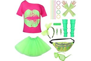 ANSAMY Deguisement Annee 80 Accessoire Femme Fluo Déguisement Année 80s Disco Fête Tutu T-shirt Sac Banane, Lunette, Bandeau, Colliers Jambières Soirée année 80 Fête Néon Tutu Fluo