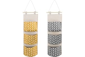 FuninCrea Borsa Portaoggetti da Parete con 3 Tasche, Tasche Portaoggetti Sospesa in Cotone e Lino Portaoggetti‌ da Appendere, Taschen Portaoggetti‌ da Parete per Camera da Letto (Giallo+Grigio)