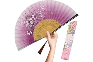 OMyTea Folding Hand Fan for Women - Foldable Chinese Japanese Vintage Bamboo Silk Fan - for Hot Flash, Church, EDM, Music Festival, Party, Dance, Performance, Decoration, Gift (Pink Grassflower)