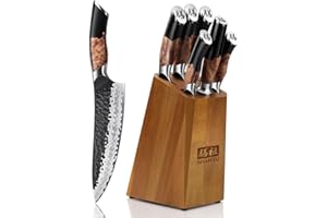 SHAN ZU Ensemble de Couteaux Cuisine Forgé à la Main, 7 Pièces Set Couteau Japonais avec Bloc Couteaux, Couteau de Chef en Acier 10Cr15MOV(7 Couches), Manche en Bois d'érable