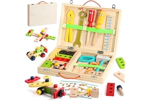 TONZE Caja Herramientas Juguetes Niños 3 Años Juguetes Madera Juegos Educativos 3 Años Regalo Niña 3 4 5 Años Bricolaje Construcciones Juguete Manualidades Maletin Herramientas (35 Piezas)