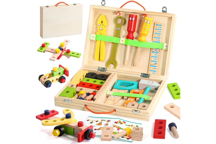 Wooden Toys Kids Tool Set-Wooden Kids Toys Tool Box Kit Construction Role Play Educational Toddler Toys for 3 4 5 Year Old Boys Girls Gifts,Children Toys Woodworking Tools Pretend Play Tool Kits