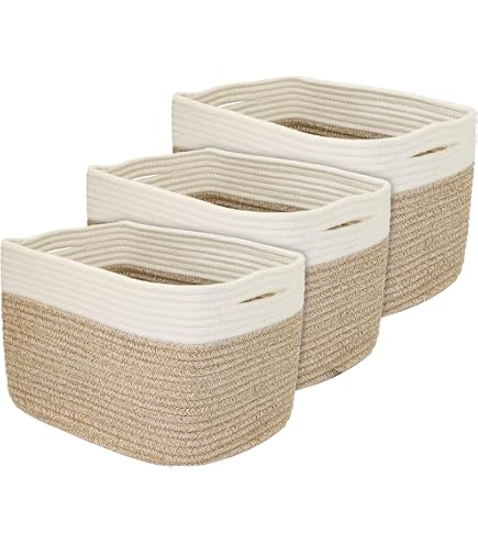 Panier Rangement Coton Blanc Motif Tresse Anses Marron Rivetées - 26x30 Cm - Décoration Et Organisation