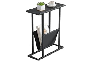 Yusong Small Narrow Side Table for Small Spaces, Slim End Table Magazine Table Nightstand with Storage Holder, Accent Skinny Snack Couch Bedside Table,Black