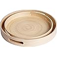 Bamboo Serving Tray with Handles Set of 2, Round Shallow Bamboo Tray, Natural Bamboo Wood Decorative Rustic Trays for Coffee Table, Tea, Food, Cocktail, Drink, Ottoman, Breakfast Party (Natural)