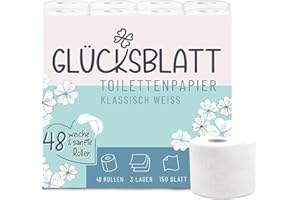 Glücksblatt carta igienica super morbida con goffratura fortunata, 3 strati, 48 rotoli x 150 fogli, 100% cellulosa, ideale per campeggio