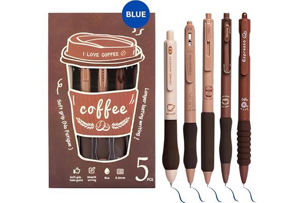FINEMOE Set of 5 Coffee Theme Gel Pens for Writing, 0.5mm Blue Ink Aesthetic Pen with Soft Grip, Cute Kawaii Stationery for Girls & Boys, School Office Use, Return Gift for Kids (Blue Ink)