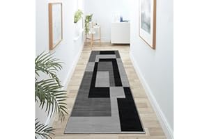Hafaa Runner Rugs for Hallway Non-Slip Geometric Pattern Carpet for living room 60 x 220 cm Runner – Printed Black and Grey Carpets Runner for Lounge Office Bedroom (Milo Black and Grey)