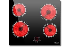 Disaenvir Piano Cottura Vetroceramica 4 Fuochi 6000W, Piano Cottura Elettrico 4 Piastre da incasso 220v, Piastra Vitrocerámica Funzione Pausa, 9 Livelli, Controllo touch, Timer, Funzione anti-touch