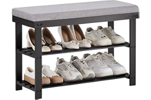 APICIZON Bambus Schuhbank, Schuhregal mit 2 Ebenen, 70×28×50cm, Schuhschrank mit Gepolstertem Sitz für Porch, Wohnzimmer, Schlafzimmer, Badezimmer, Schwarz