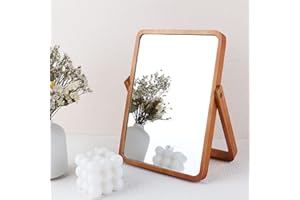 DaizySight Espejo Maquillaje Madera Mesa Pequeños Tocador, Rectángulo Redondeado Espejo, con Soporte Ajustable para Mesa de Maquillaje, Decorativos Estética de Escritorio Rustico